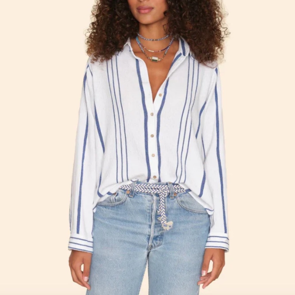 Xirena Scout Shirt Cloud Blue White Stripe Cabana Gauze Long Sleeve Button-Small